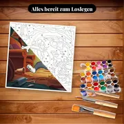 Malen nach Zahlen Tom und Jerry in einem unordentlichen Wohnzimmer – Set bereit zum Loslegen auf dem Tisch