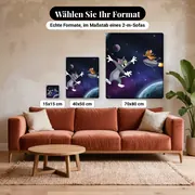 Malen nach Zahlen Tom und Jerry mit Rakete und Flammen – verfügbare Formate im Größenvergleich zu einem Sofa