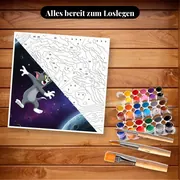 Malen nach Zahlen Tom und Jerry mit Rakete und Flammen – Set bereit zum Loslegen auf dem Tisch