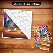 Malen nach Zahlen Tom und Jerry beim Tanzen – Set bereit zum Loslegen auf dem Tisch