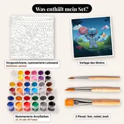 Malen nach Zahlen Lilo &amp; Stitch: Stitch im Schlafanzug mit Planeten – Set-Inhalt: vorgezeichnete Leinwand, Farben, Pinsel