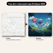 Malen nach Zahlen Lilo &amp; Stitch: Stitch im Schlafanzug mit Planeten – vorher und nachher: vorgezeichnete Leinwand und fertiges Gemälde