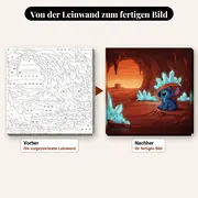 Malen nach Zahlen Lilo &amp; Stitch: Stitch in einer Kristallhöhle – vorher und nachher: vorgezeichnete Leinwand und fertiges Gemälde