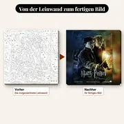 Malen nach Zahlen Harry Potter und Ron Weasley – vorher und nachher: vorgezeichnete Leinwand und fertiges Gemälde