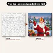 Malen nach Zahlen Nikolaus und Weihnachtsgeschenke – vorher und nachher: vorgezeichnete Leinwand und fertiges Gemälde