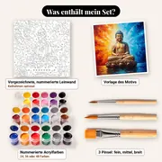 Malen nach Zahlen sitzender Buddha auf einer Lotusblume – Set-Inhalt: vorgezeichnete Leinwand, Farben, Pinsel