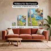 Malen nach Zahlen Welpe im Gras mit blauem Halstuch – verfügbare Formate im Größenvergleich zu einem Sofa
