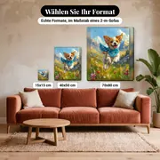 Malen nach Zahlen Chihuahua-Welpe auf einer Wiese – verfügbare Formate im Größenvergleich zu einem Sofa