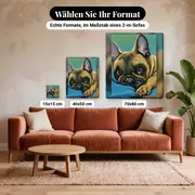Malen nach Zahlen Französische Bulldogge auf blauem Kissen – verfügbare Formate im Größenvergleich zu einem Sofa
