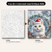 Malen nach Zahlen weiße Katze und Weihnachtskranz – vorher und nachher: vorgezeichnete Leinwand und fertiges Gemälde