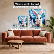 Malen nach Zahlen Weihnachtshase im Schnee – verfügbare Formate im Größenvergleich zu einem Sofa
