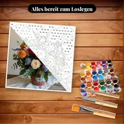 Malen nach Zahlen Blumenstrauß in einer Terrakotta-Vase – Set bereit zum Loslegen auf dem Tisch