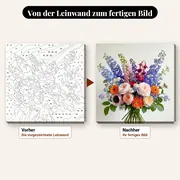 Malen nach Zahlen großer bunter Blumenstrauß – vorher und nachher: vorgezeichnete Leinwand und fertiges Gemälde
