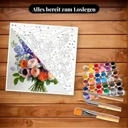 Malen nach Zahlen großer bunter Blumenstrauß – Set bereit zum Loslegen auf dem Tisch