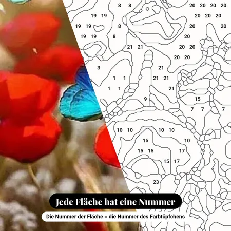 Malen nach Zahlen Mohnblumen und blaue Schmetterlinge – nummerierte Leinwand zum Malen