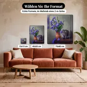 Malen nach Zahlen Graue Katze und violette Iris – verfügbare Formate im Größenvergleich zu einem Sofa