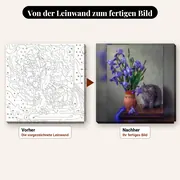 Malen nach Zahlen Graue Katze und violette Iris – vorher und nachher: vorgezeichnete Leinwand und fertiges Gemälde