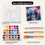 Malen nach Zahlen Elefantenpaar Pop-Art – Set-Inhalt: vorgezeichnete Leinwand, Farben, Pinsel
