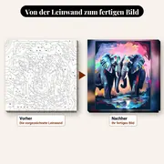 Malen nach Zahlen Elefantenpaar Pop-Art – vorher und nachher: vorgezeichnete Leinwand und fertiges Gemälde