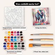 Malen nach Zahlen Elefantenmutter mit Baby Aquarell – Set-Inhalt: vorgezeichnete Leinwand, Farben, Pinsel