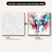 Malen nach Zahlen zwei bunte Elefanten Aquarell – vorher und nachher: vorgezeichnete Leinwand und fertiges Gemälde