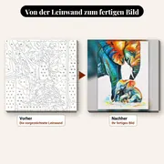 Malen nach Zahlen Elefant und Elefantenbaby Pop-Art – vorher und nachher: vorgezeichnete Leinwand und fertiges Gemälde