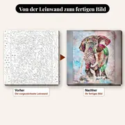 Malen nach Zahlen bunter Elefant Mosaik – vorher und nachher: vorgezeichnete Leinwand und fertiges Gemälde