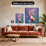 Malen nach Zahlen bunter Koi-Karpfen in der Draufsicht – verfügbare Formate im Größenvergleich zu einem Sofa