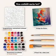 Malen nach Zahlen roter Koi-Karpfen in den Wellen – Set-Inhalt: vorgezeichnete Leinwand, Farben, Pinsel