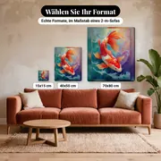Malen nach Zahlen roter Koi-Karpfen in den Wellen – verfügbare Formate im Größenvergleich zu einem Sofa