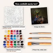 Malen nach Zahlen langhaarige Tigerkatze mit Blumen – Set-Inhalt: vorgezeichnete Leinwand, Farben, Pinsel