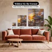 Malen nach Zahlen Blockhütte und Kanus am See – verfügbare Formate im Größenvergleich zu einem Sofa