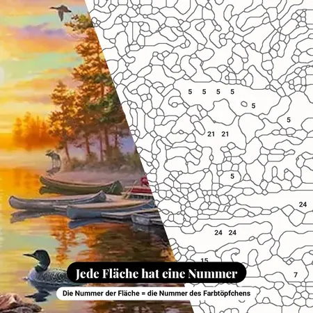 Malen nach Zahlen Blockhütte und Kanus am See – nummerierte Leinwand zum Malen
