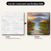 Malen nach Zahlen Blockhütte am Fluss im Herbst – vorher und nachher: vorgezeichnete Leinwand und fertiges Gemälde