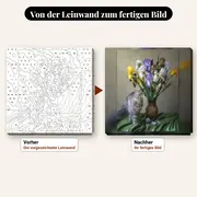 Malen nach Zahlen graue Katze mit Irisvase – vorher und nachher: vorgezeichnete Leinwand und fertiges Gemälde