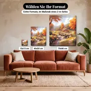 Malen nach Zahlen Herbsthäuschen und Holzbrücke – verfügbare Formate im Größenvergleich zu einem Sofa