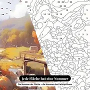 Malen nach Zahlen Herbsthäuschen und Holzbrücke – Nahaufnahme der nummerierten Leinwand