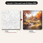 Malen nach Zahlen Herbsthäuschen und Holzbrücke – vorher und nachher: vorgezeichnete Leinwand und fertiges Gemälde