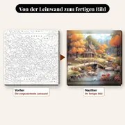 Malen nach Zahlen Herbst-Cottage und Holzbrücke – vorher und nachher: vorgezeichnete Leinwand und fertiges Gemälde