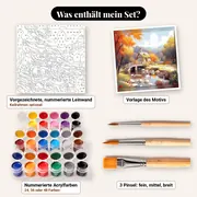 Malen nach Zahlen Cottage am Fluss im Herbst – Set-Inhalt: vorgezeichnete Leinwand, Farben, Pinsel