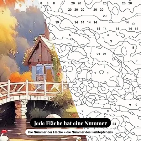 Malen nach Zahlen Cottage am Fluss im Herbst – nummerierte Leinwand zum Malen