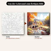 Malen nach Zahlen Cottage am Fluss im Herbst – vorher und nachher: vorgezeichnete Leinwand und fertiges Gemälde