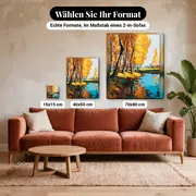 Malen nach Zahlen Fluss und Birken im Herbst – verfügbare Formate im Größenvergleich zu einem Sofa