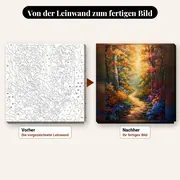 Malen nach Zahlen Waldweg im goldenen Licht – vorher und nachher: vorgezeichnete Leinwand und fertiges Gemälde
