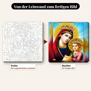 Malen nach Zahlen gekrönte Jungfrau Maria auf himmelblauem Hintergrund – vorher und nachher: vorgezeichnete Leinwand und fertiges Gemälde
