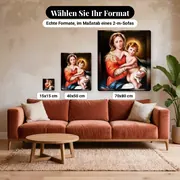 Malen nach Zahlen Jungfrau Maria und das Jesuskind auf dunklem Hintergrund – verfügbare Formate im Größenvergleich zu einem Sofa