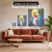 Malen nach Zahlen Jungfrau Maria wiegt das Kind im blauen Mantel – verfügbare Formate im Größenvergleich zu einem Sofa