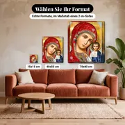 Malen nach Zahlen Madonna mit Kind, goldene Ikone – verfügbare Formate im Größenvergleich zu einem Sofa