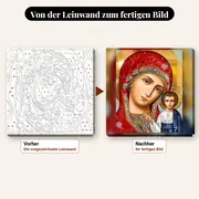 Malen nach Zahlen Madonna mit Kind, goldene Ikone – vorher und nachher: vorgezeichnete Leinwand und fertiges Gemälde