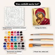 Malen nach Zahlen Jungfrau Maria Ikone im byzantinischen Stil mit goldenen Verzierungen – Set-Inhalt: vorgezeichnete Leinwand, Farben, Pinsel